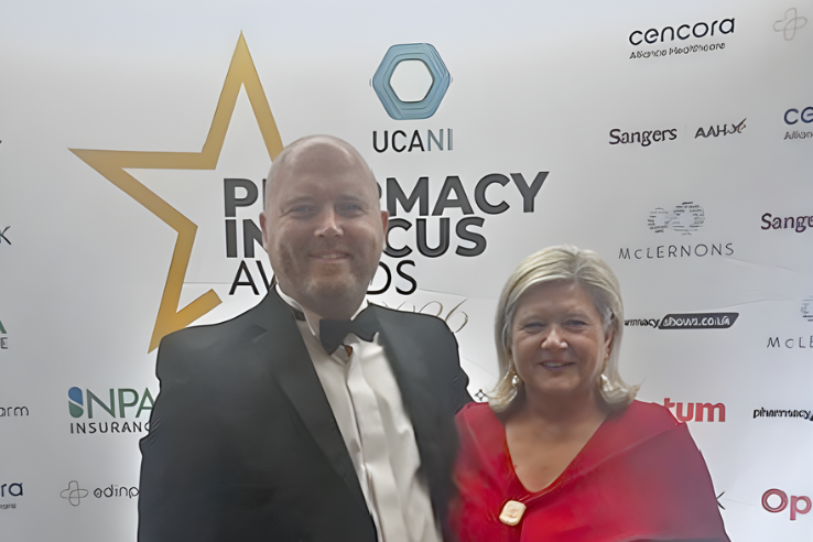 Canice Ward, Chief Executive of the Pharmaceutical Society NI, and Dr Geraldine O'Hare, President of the Council of the Pharmaceutical Society NI pose during the Pharmacy in Focus awards ceremony 2026